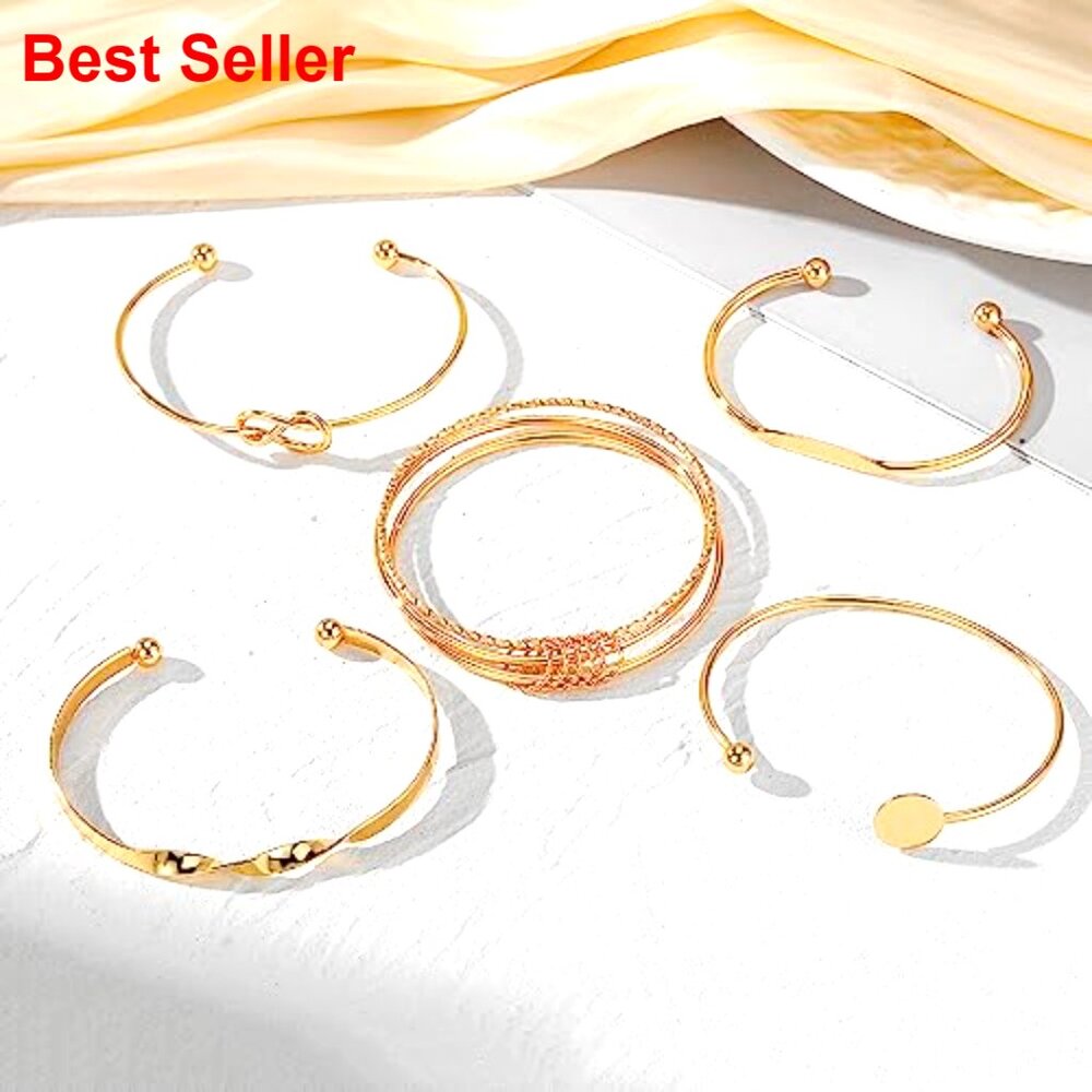 14k Gold-Plated Stackable Cuff Bracelets Set, Adj… - image 6